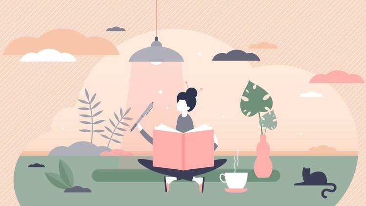 Illustration of woman writing in journal with plants, coffee, and cat