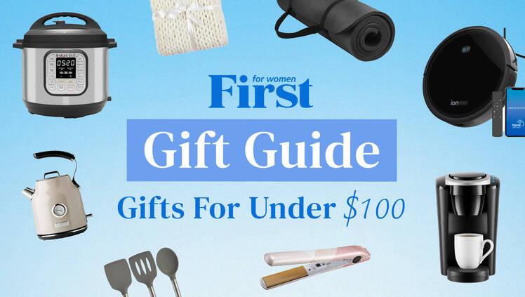 Various gifts available at Walmart with the First for Women log and text that reads 'Gift Guide: Gifts for Under $100.'
