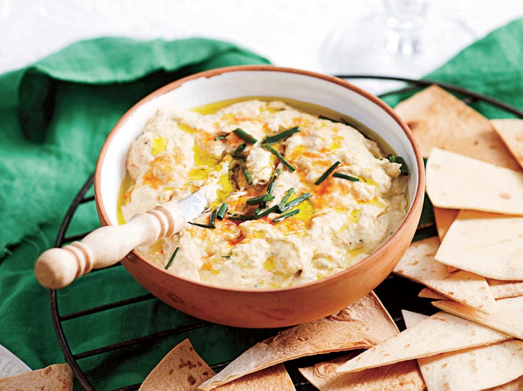 Smoky Artichoke Hummus Dip in brown bowl