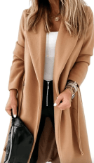 Womens Classic Coat Lapel Collar Open Front Belted Long Jacket