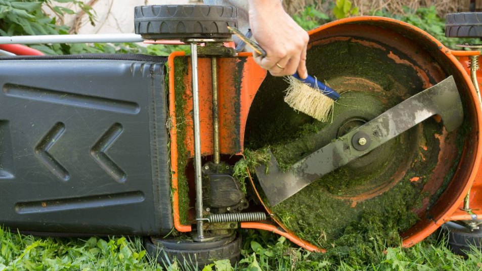 how to clean your lawn mower: Man's hand with brush cleaning lawn mower