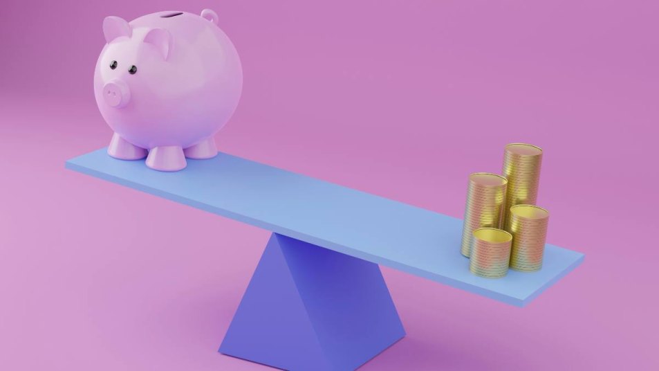 how to stop living paycheck to paycheck: computer rendering of a house balancing with money on a board.