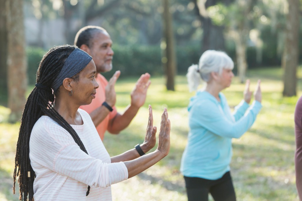 A group of three multi-ethnic seniors taking an exercise class in the park. They are practicing tai chi, standing with their hands raised. The focus is on  the Africam-American woman with braided hair standing in the foreground.