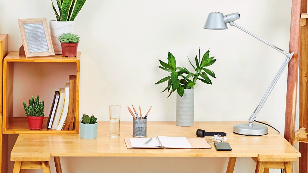 Home office organizing: Image of modern home office with wooden desk with cube shelf, books, a pencil cup, lamp and potted plants on top