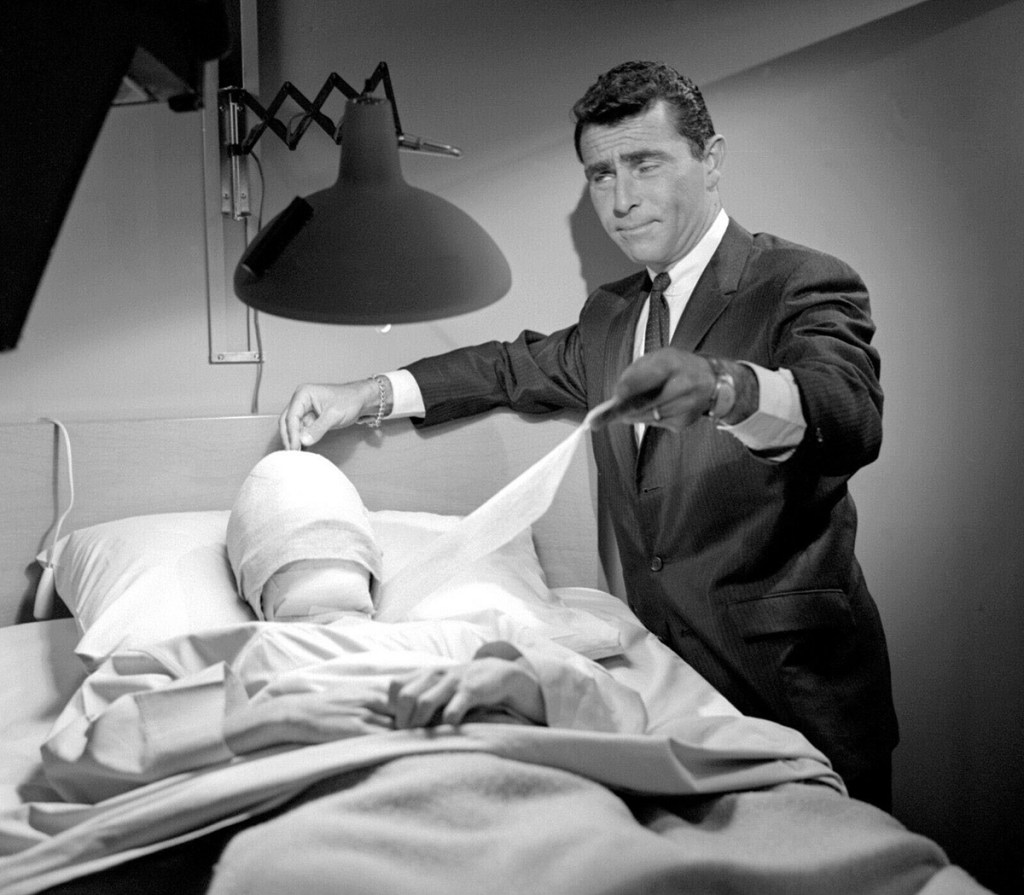 Maxine Stuart and Twilight Zone creator/host/writer Rod Serling in a behind-the-scenes moment from 'The Twilight Zone' episode 'Eye of the Beholder,' 1960