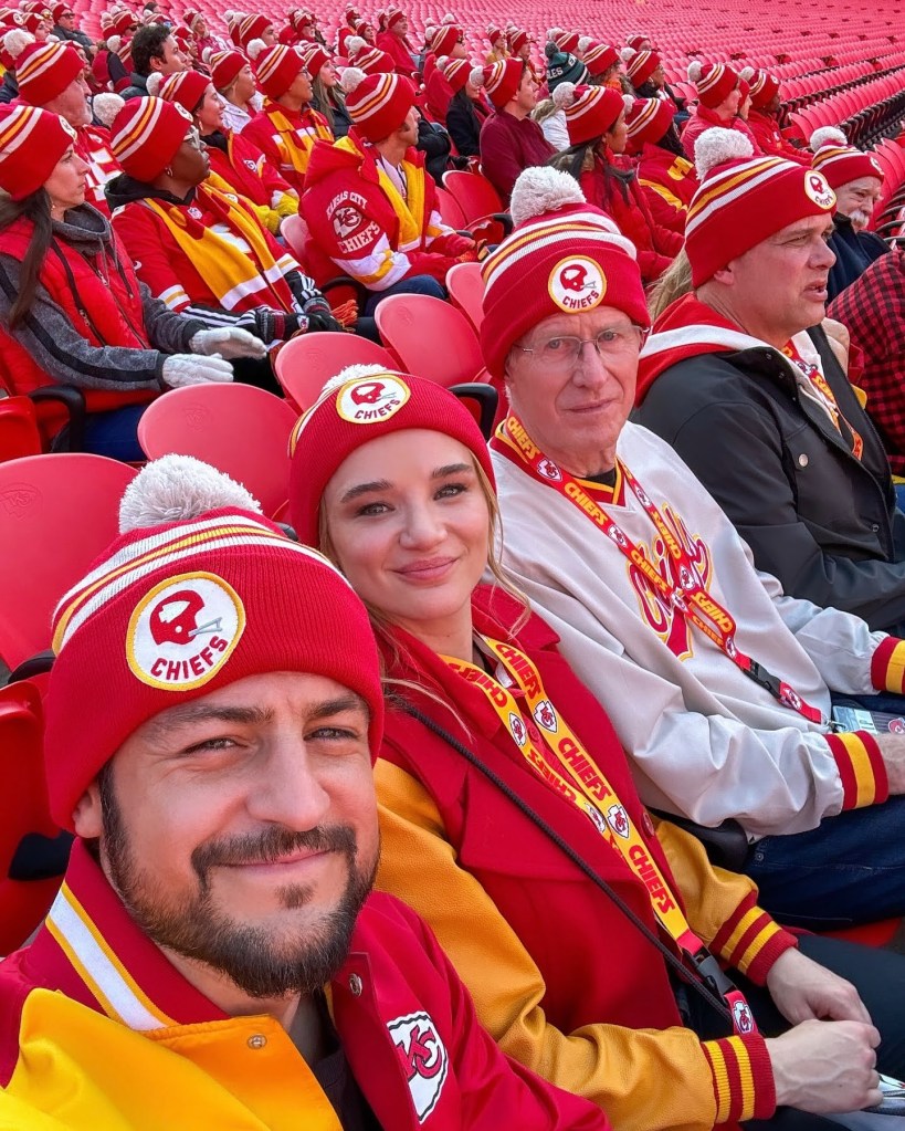 Hallmark stars Tyler Hynes, Hunter King, Ed Begley Jr. and Diedrich Bader on set at Arrowhead Stadium for Holiday Touchdown: A Chiefs Love Story