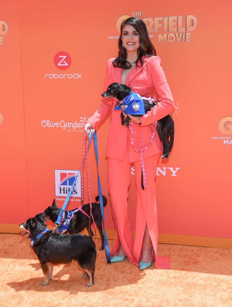 Cecily Strong on the orange carpet for the premiere of 'The Garfield Movie' with adoptable senior dogs, 2024