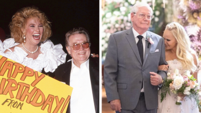 Left: Tanya Tucker with her dad, Jesse, in 1990; Right: Kristin Chenoweth with her dad, Jerry, in 2023