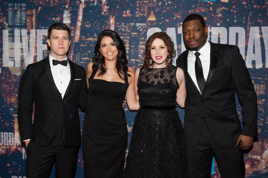 (L-R) Colin Jost, Cecily Strong, Vanessa Bayer, and Michael Che attend the SNL 40th Anniversary Celebration at Rockefeller Plaza on February 15, 2015 in New York City