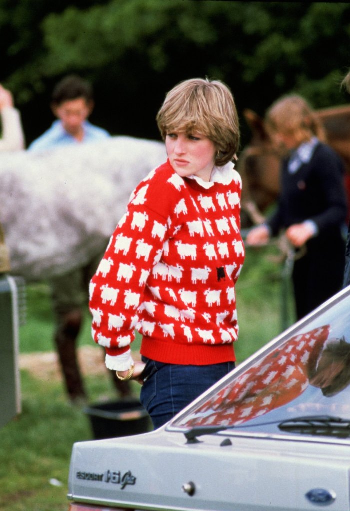 Diana, Princess of Wales (1961 - 1997) wearing 'Black sheep' wool jumper by Warm and Wonderful (Muir & Osborne) to Windsor Polo, June 1981