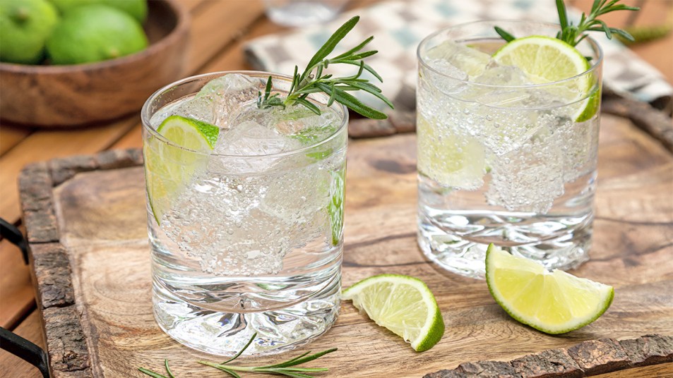 Gin and tonic cocktails on a wooden board