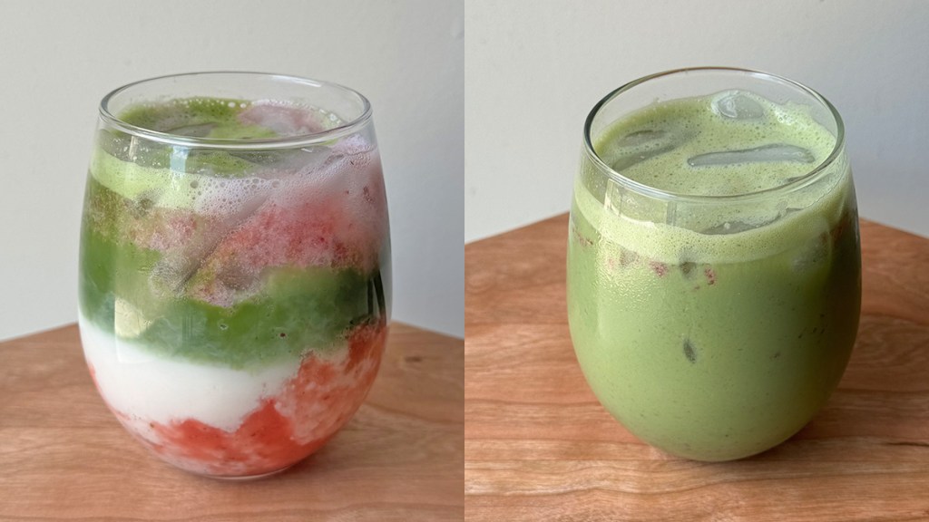 A side by side of a homemade strawberry iced matcha latte before and after stirring it