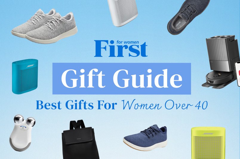 An image with an ombre background, various products, the First for Women logo and text reading: 'Gift Guide, Gifts for Women Over 40.'